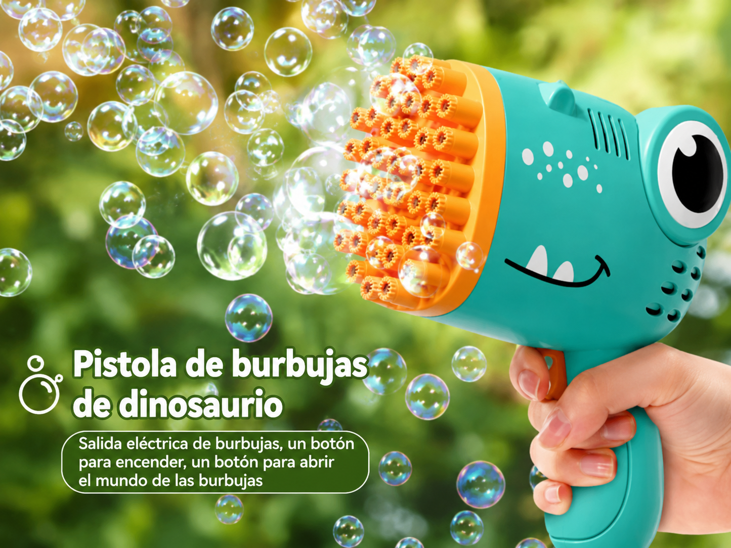 Pistola de Burbujas Dino™ | 40 Salidas Automáticas para Niños