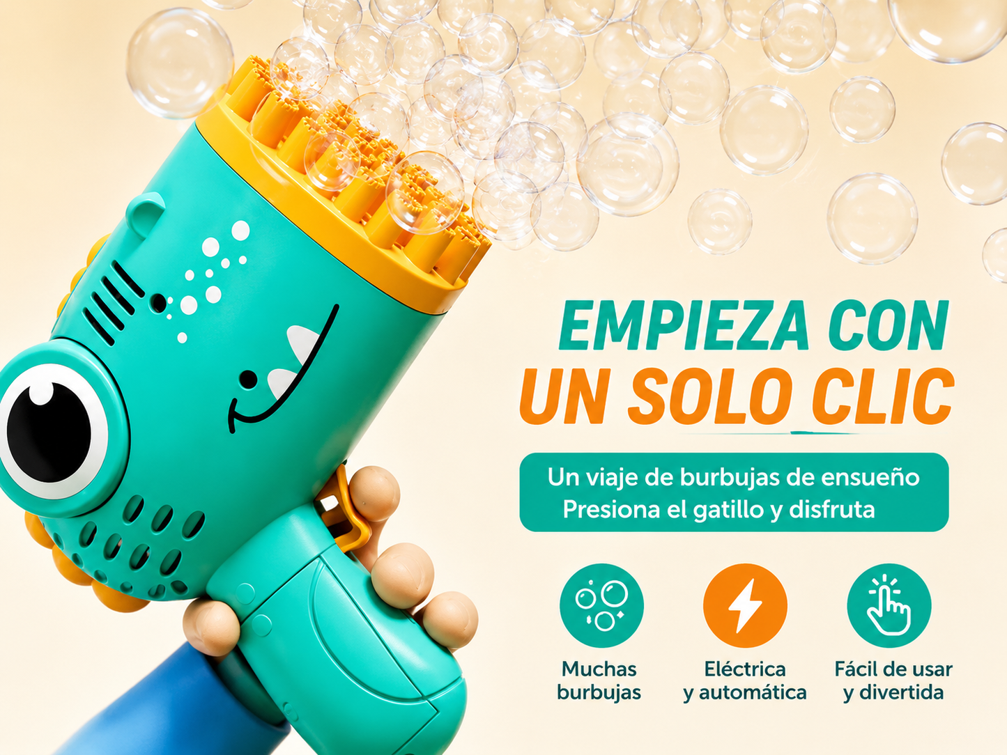 Pistola de Burbujas Dino™ | 40 Salidas Automáticas para Niños