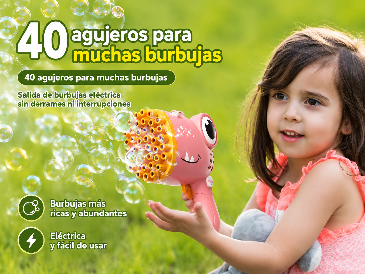 Pistola de Burbujas Dino™ | 40 Salidas Automáticas para Niños
